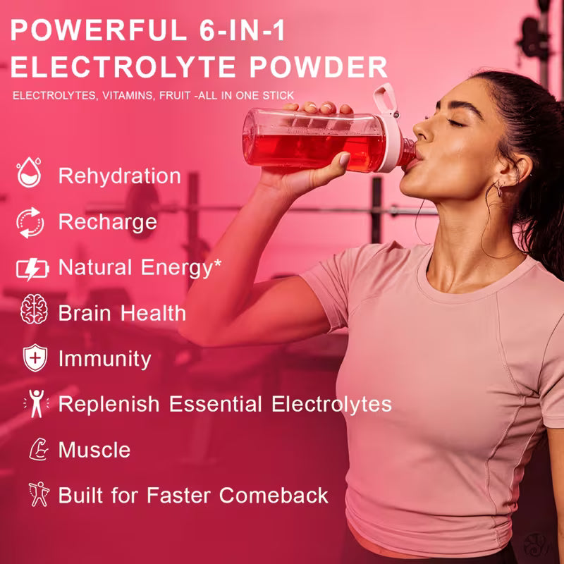 Woman drinking a pink electrolyte powder drink with product features listed on a pink background