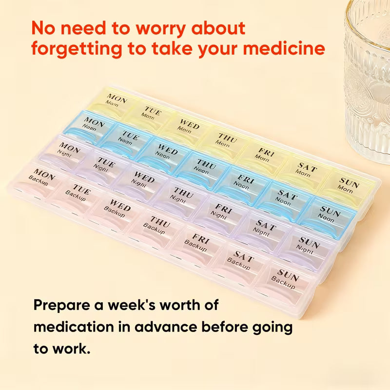 Weekly medication organizer with a glass of water on a beige surface, text encouraging preparation of medication.