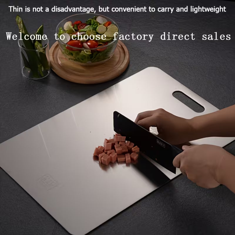 Person cutting sausages on a white cutting board with text about thin cutting boards.
