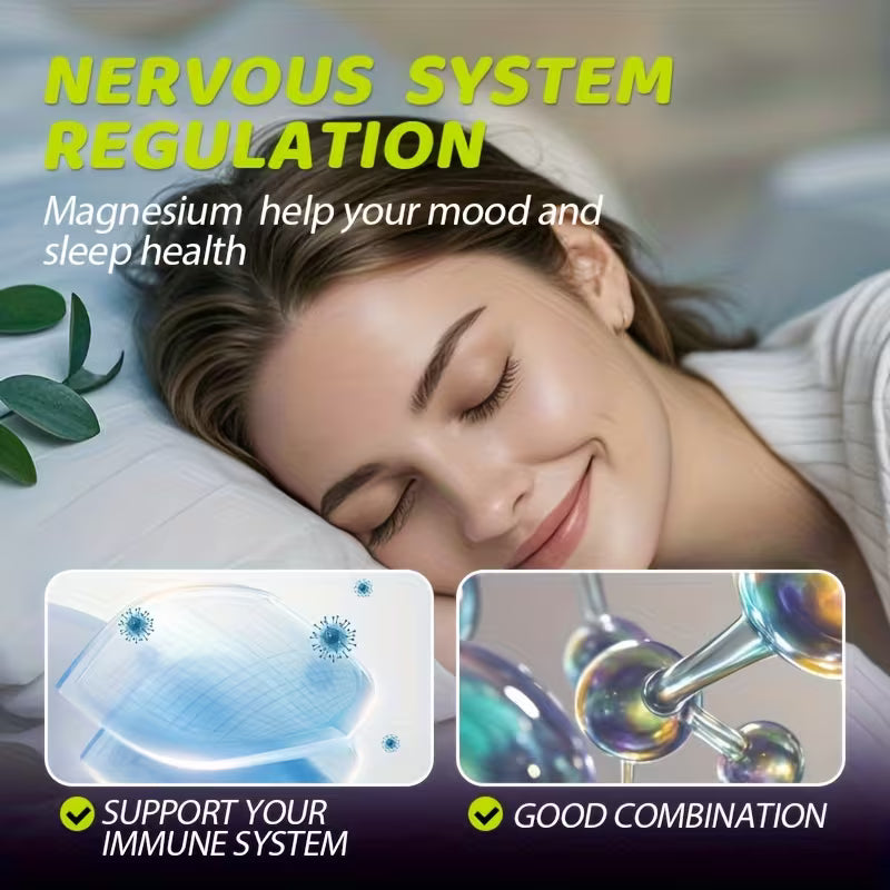 Woman sleeping with text about magnesium's benefits for nervous system regulation, mood, and sleep health.