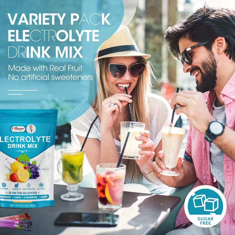 Two people enjoying electrolyte drink mix with a variety pack on a sunny day.
