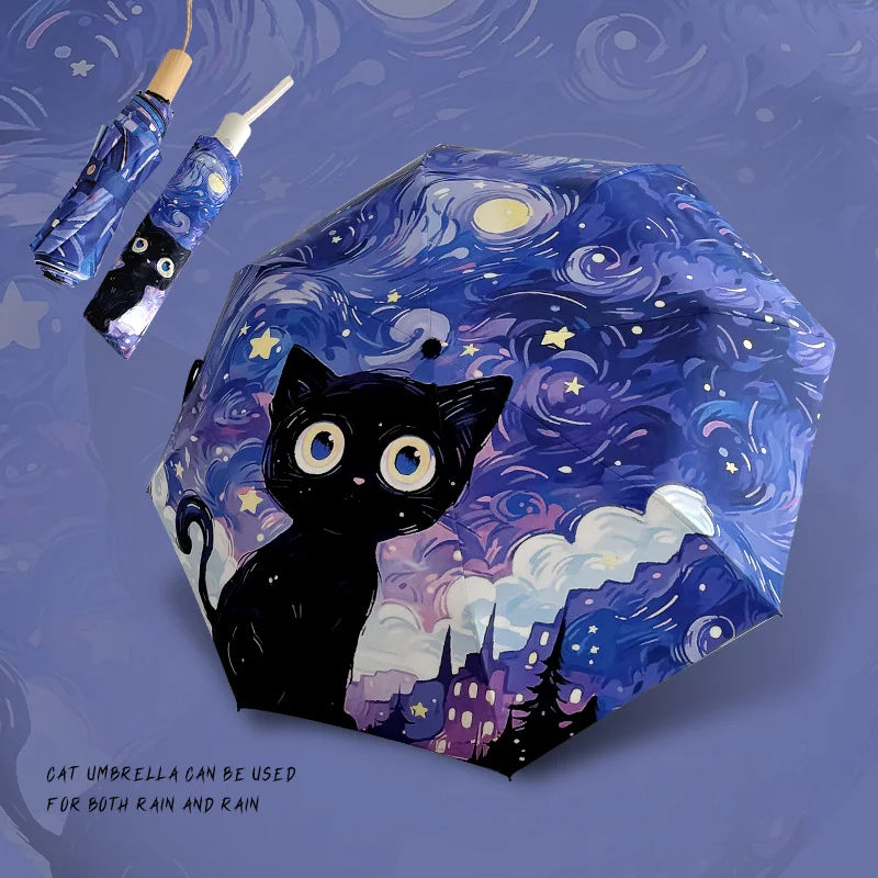 Purple Cartoon Cat Folding Umbrella – UV & Sun Protection