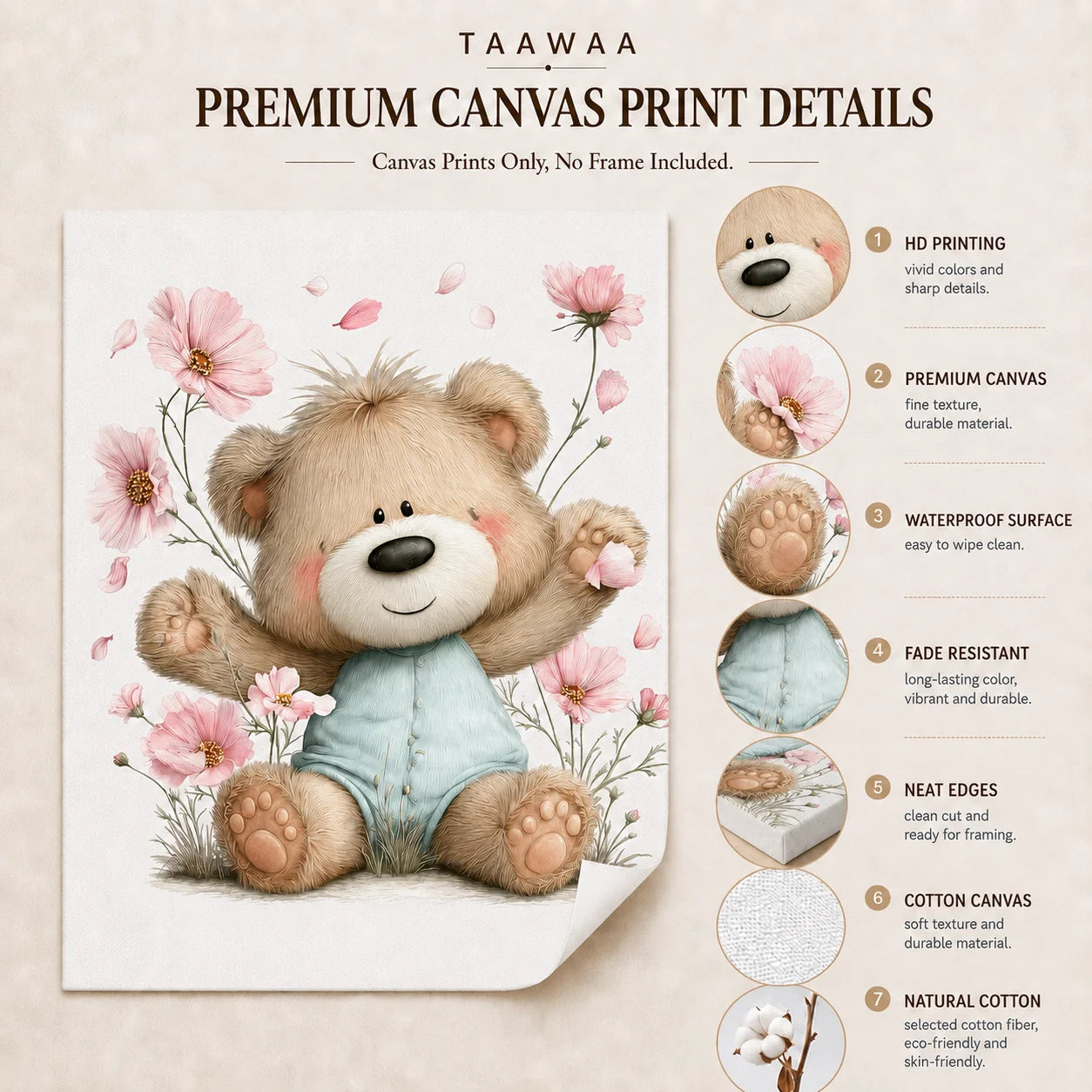 Teddy Bear Cherry Blossom Canvas Wall Art | Kids Nursery Decor Canvas Wall Art Print Peaceful Pleasures Health and Wellness