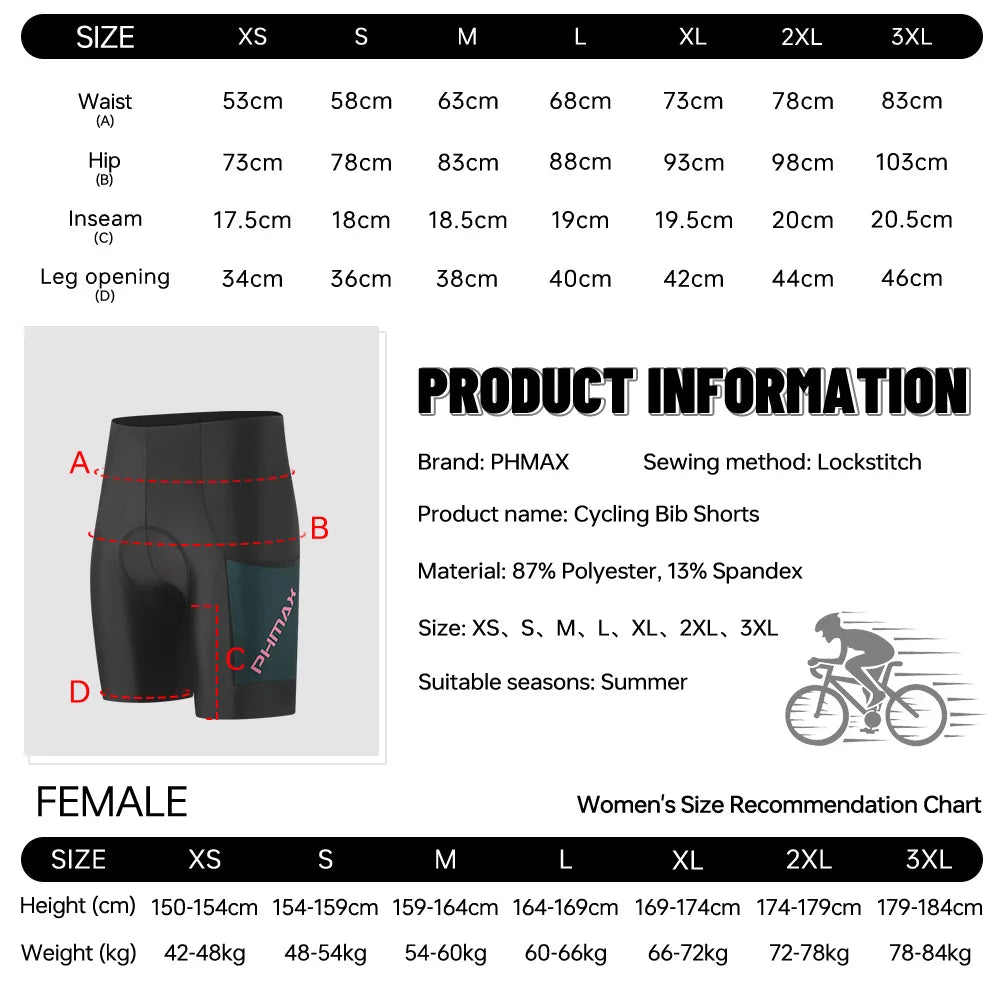 PHMAX Women's 5D Gel Padded Cycling Shorts – Quick Dry