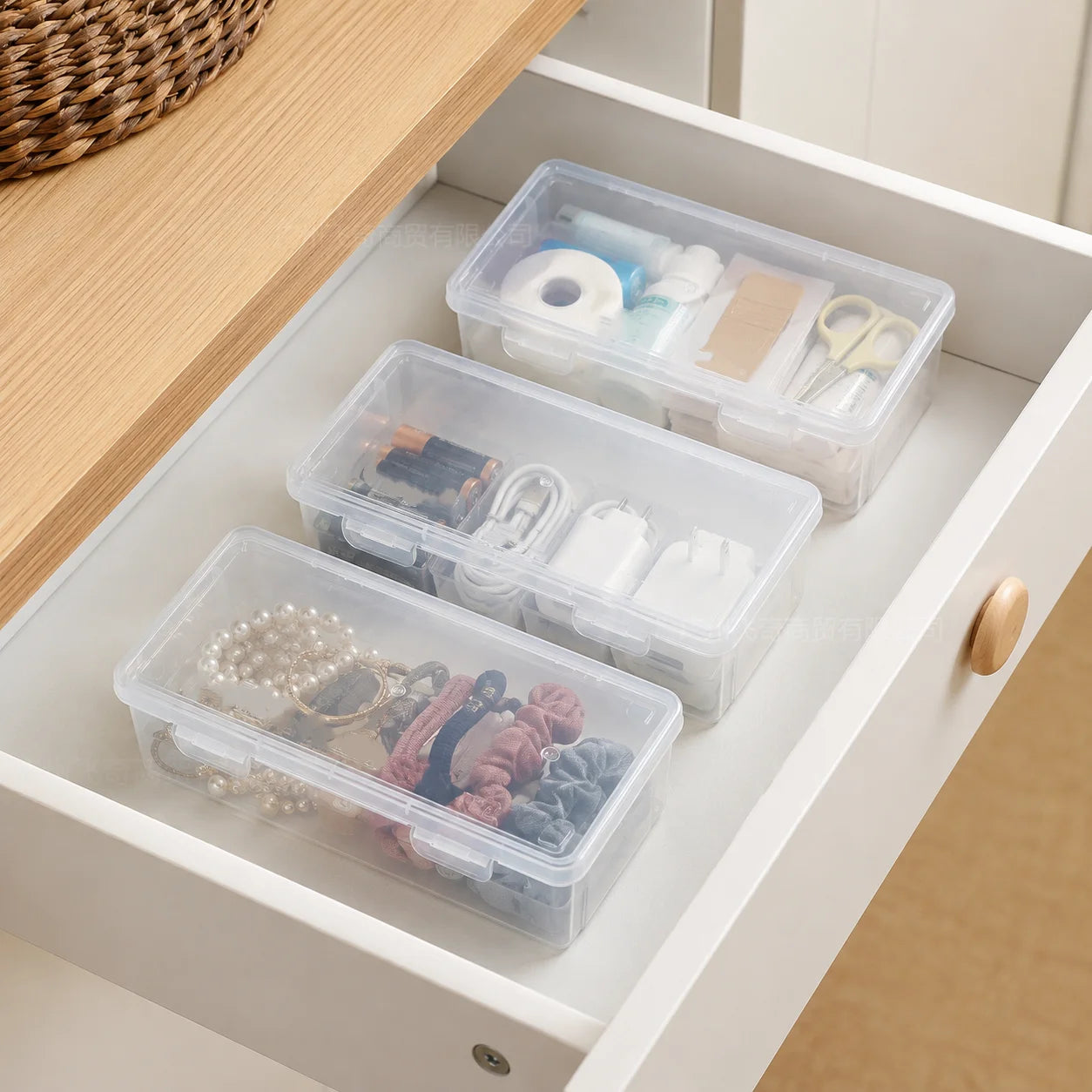 TM Clear Plastic Storage Box with Lid and Snap Locks Compact Rectangular Organizer for Vanity Desk Bathroom Cotton Swabs Hair Accessories Makeup Small Office Supplies Travel Durable Multi-Purpose Organizer Peaceful Pleasures Health and Wellness