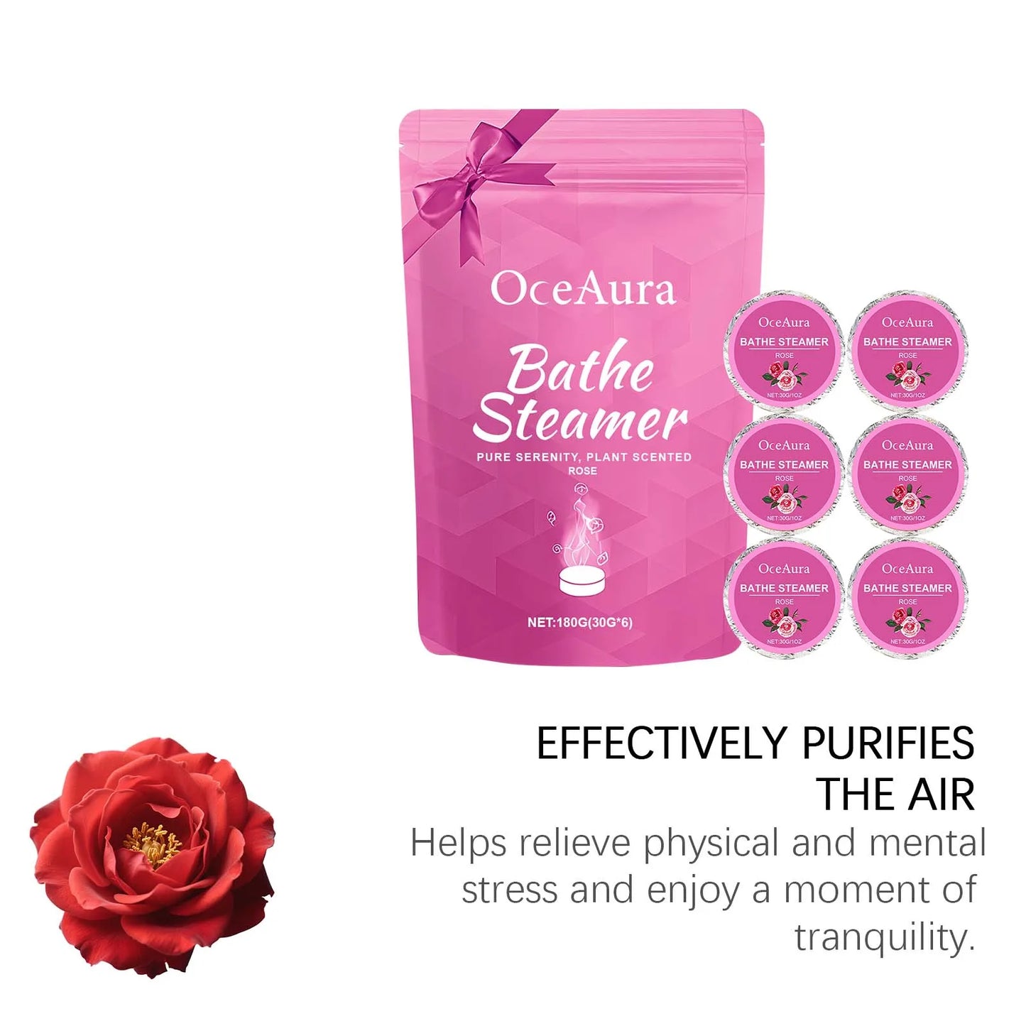 OceAura Rose Bath Steamer Tablets 6-Pack – Aromatherapy Soak