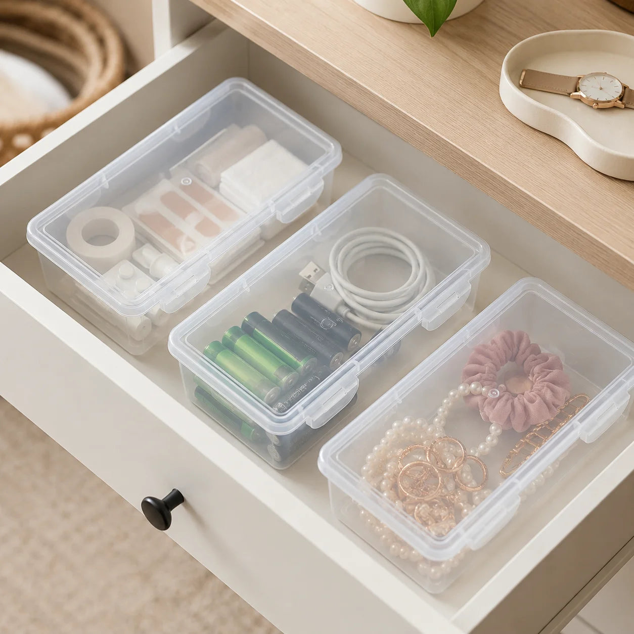 TM Clear Plastic Storage Box with Lid and Snap Locks Compact Rectangular Organizer for Vanity Desk Bathroom Cotton Swabs Hair Accessories Makeup Small Office Supplies Travel Durable Multi-Purpose Organizer Peaceful Pleasures Health and Wellness