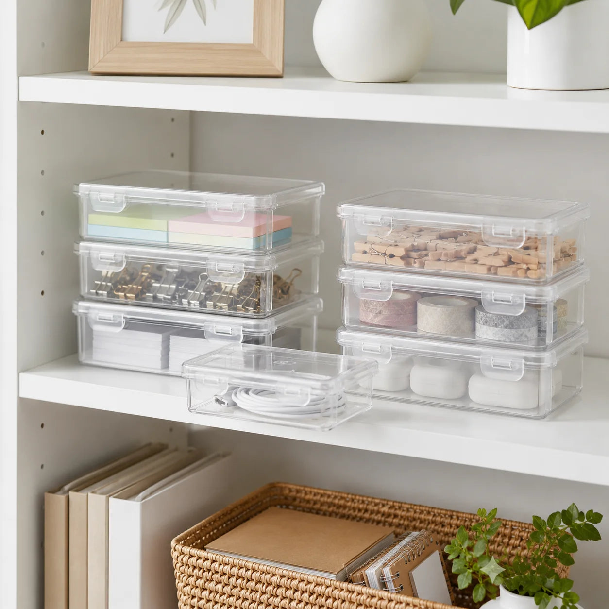 TM Clear Plastic Storage Box with Lid and Snap Locks Compact Rectangular Organizer for Vanity Desk Bathroom Cotton Swabs Hair Accessories Makeup Small Office Supplies Travel Durable Multi-Purpose Organizer Peaceful Pleasures Health and Wellness