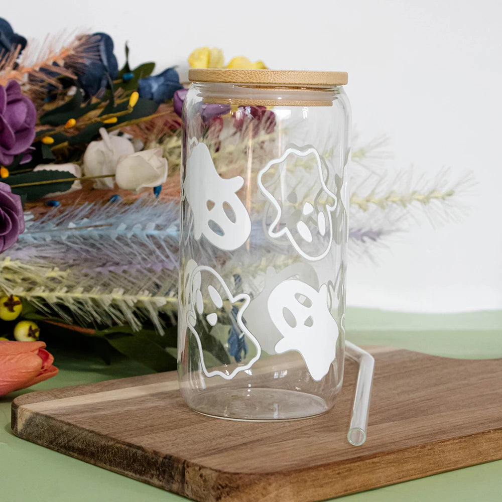 Mugs Halloween Ghost Decoration Spooky Ghost Glass Cup with Lid Straw Tumbler Iced Coffee Glassware Birthday Gift Kitchen Stuff Peaceful Pleasures Health and Wellness