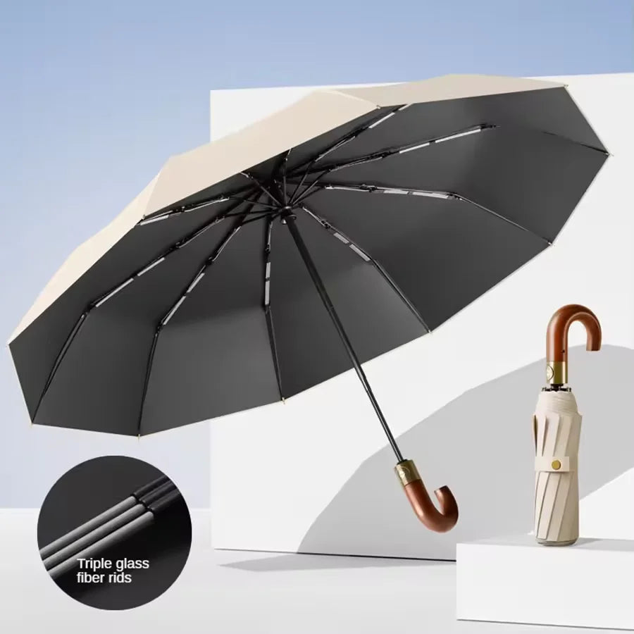 Windproof Auto Folding Umbrella – UV Protection & Wooden Handle