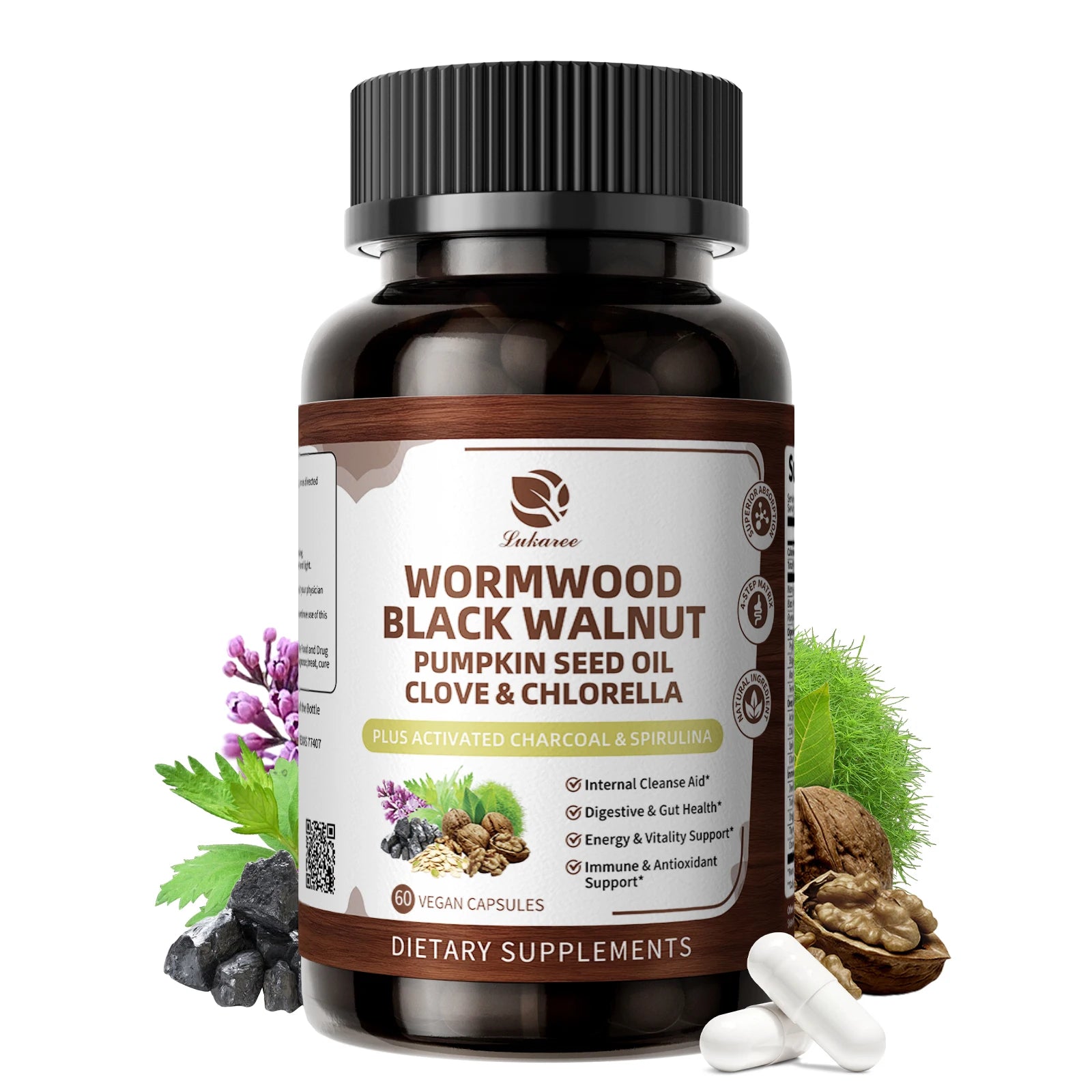 Lukaree 6-in-1 Wormwood Cleanse Capsules – Gut Detox & Digestive Health Herbal Supplement Peaceful Pleasures Health and Wellness 60pcs 5bottles United States