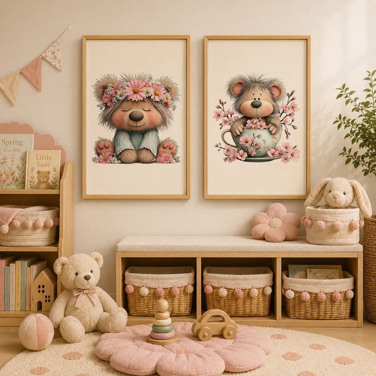 Teddy Bear Cherry Blossom Canvas Wall Art | Kids Nursery Decor Canvas Wall Art Print Peaceful Pleasures Health and Wellness