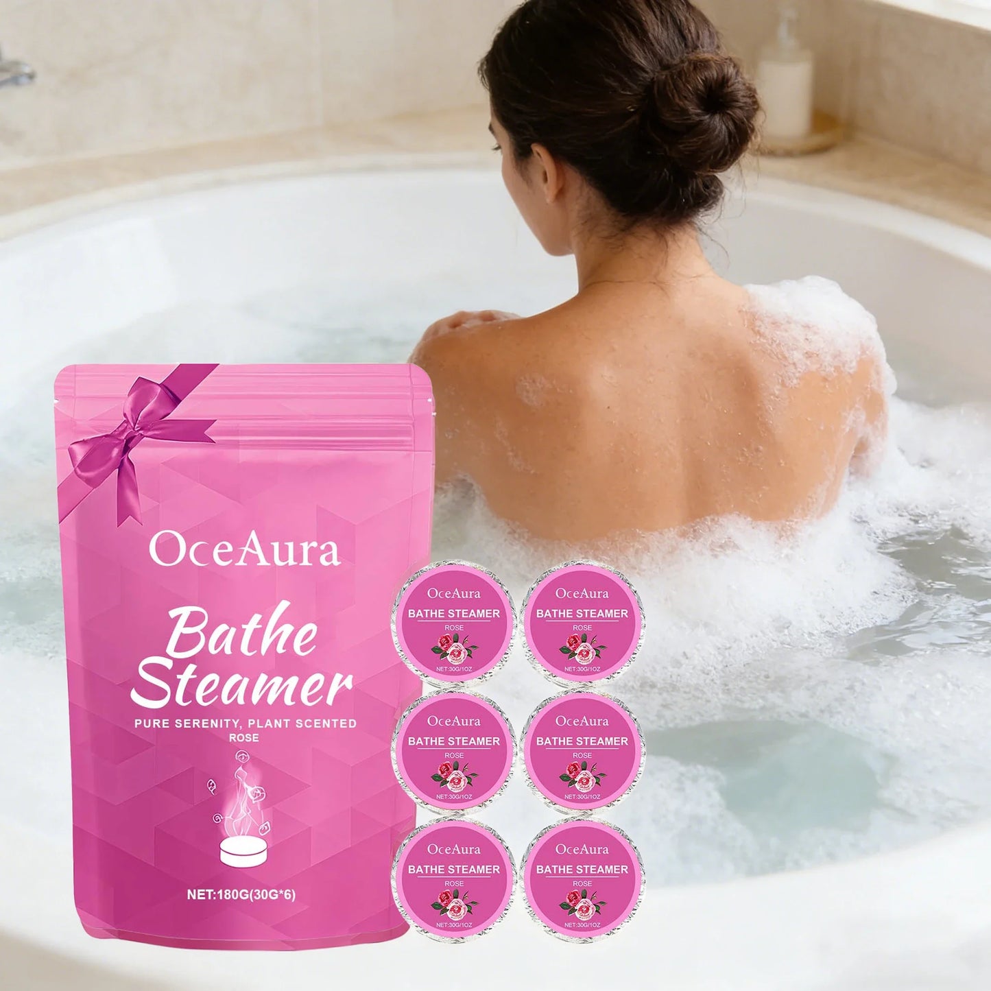 OceAura Rose Bath Steamer Tablets 6-Pack – Aromatherapy Soak