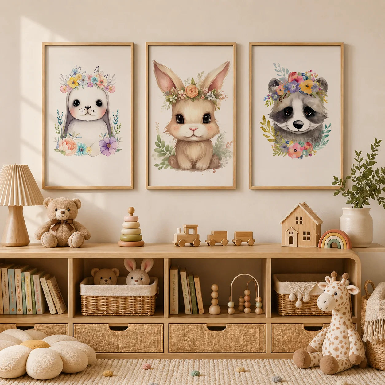 Nursery Bunny Sloth Floral Canvas Wall Art | Kids Room Decor Canvas Wall Art Print Peaceful Pleasures Health and Wellness