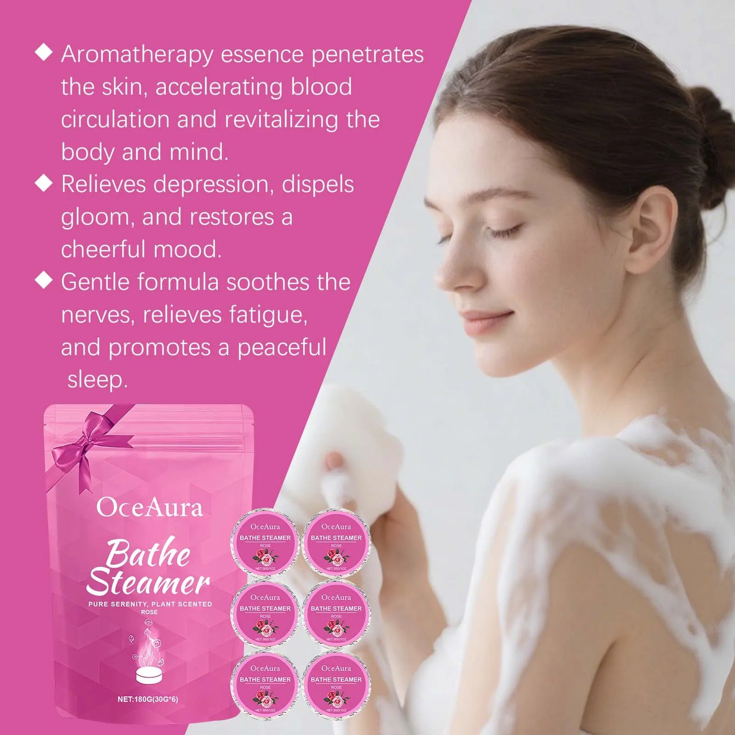OceAura Rose Bath Steamer Tablets 6-Pack – Aromatherapy Soak