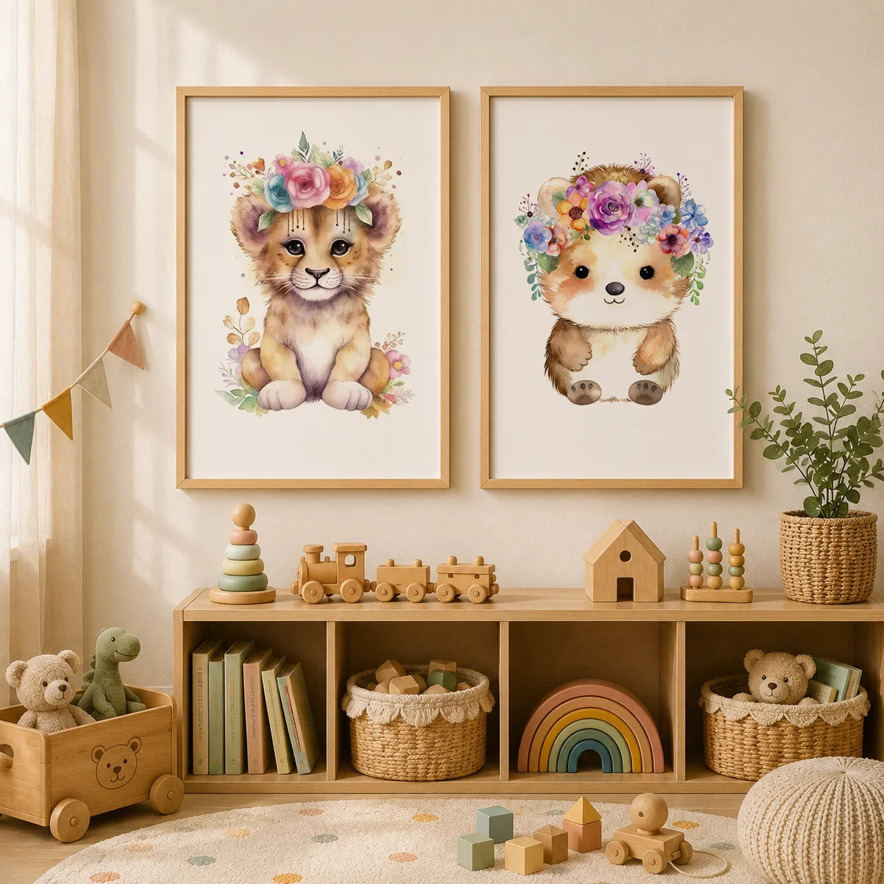 Nursery Animal Canvas Art – Lion Bear Fox Floral Crown Kids Decor Nursery Canvas Print Peaceful Pleasures Health and Wellness