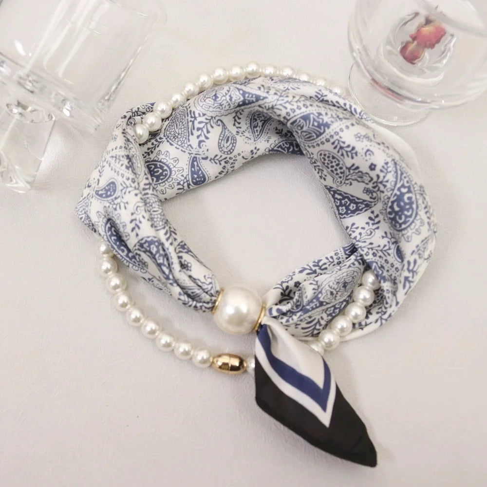 Layered Scarf Necklace with Pearl Chain | Boho Bandana Jewelry