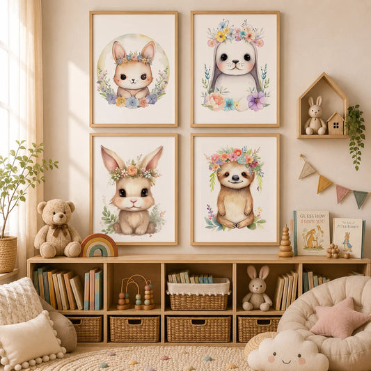 Nursery Bunny Sloth Floral Canvas Wall Art | Kids Room Decor Canvas Wall Art Print Peaceful Pleasures Health and Wellness