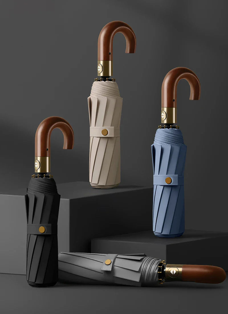 Windproof Auto Folding Umbrella – UV Protection & Wooden Handle