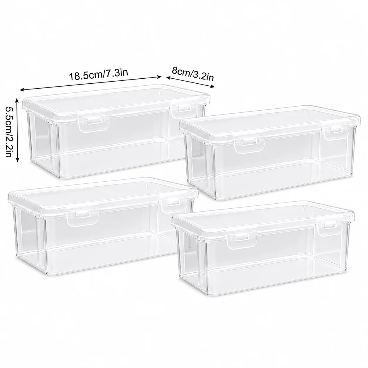 TM Clear Plastic Storage Box with Lid and Snap Locks Compact Rectangular Organizer for Vanity Desk Bathroom Cotton Swabs Hair Accessories Makeup Small Office Supplies Travel Durable Multi-Purpose Organizer Peaceful Pleasures Health and Wellness 4PC United States