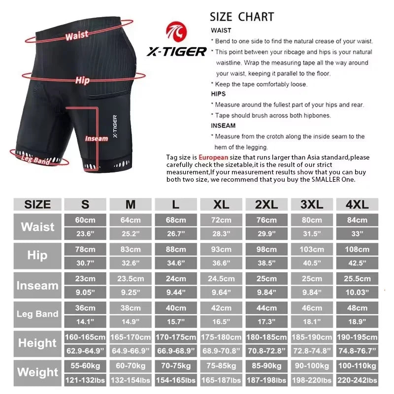 X-TIGER Men's 5D Padded Cycling Shorts – 3 Pockets & UV Guard