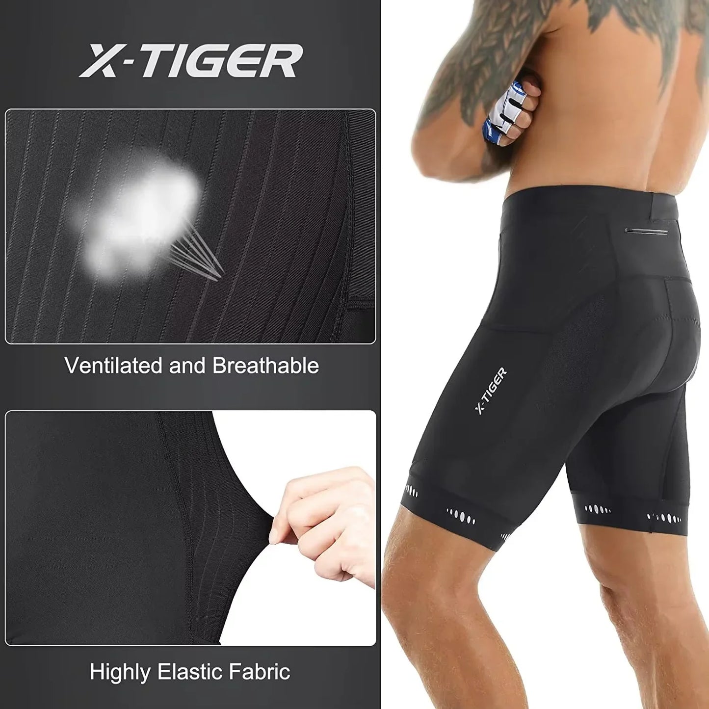 X-TIGER Men's 5D Padded Cycling Shorts – 3 Pockets & UV Guard