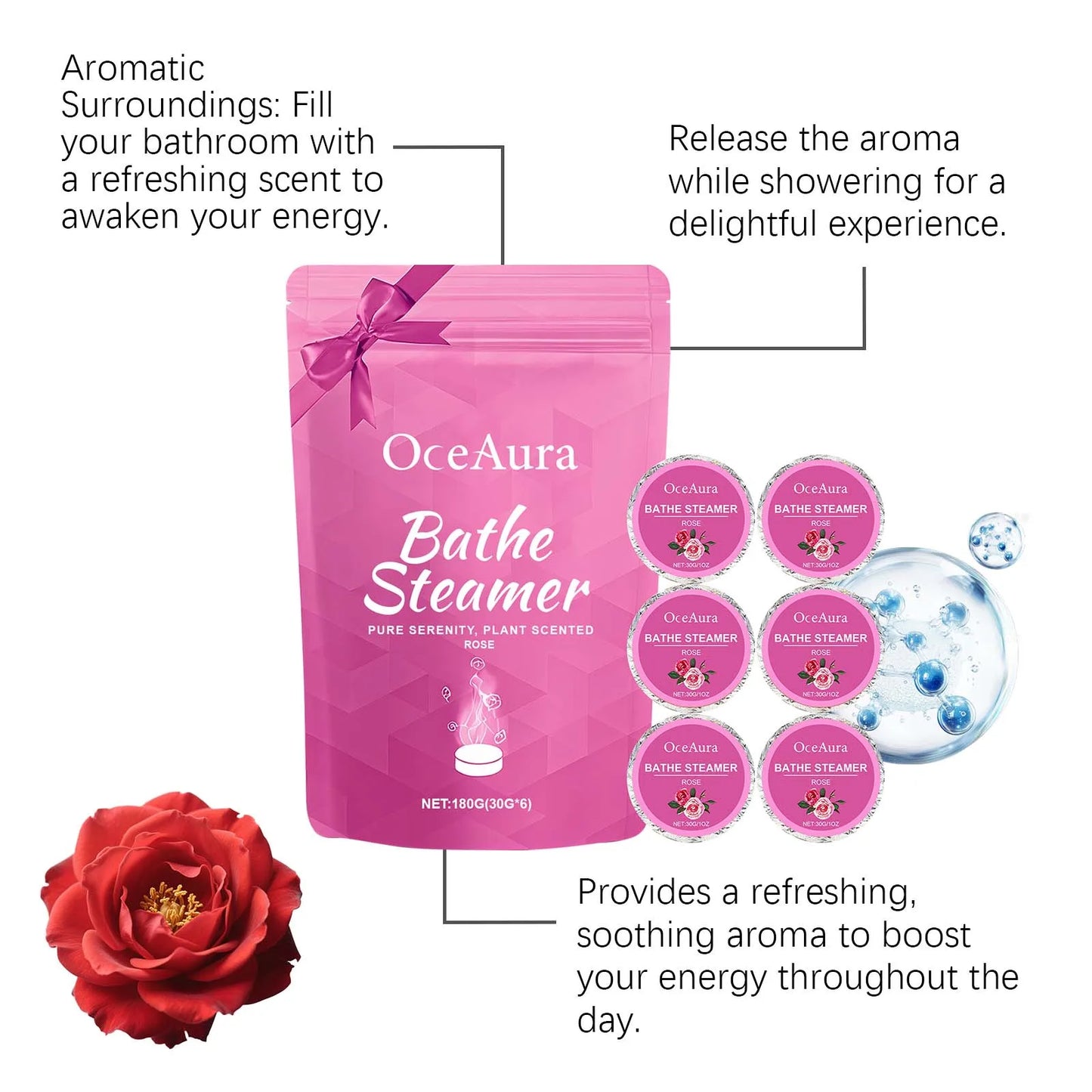 OceAura Rose Bath Steamer Tablets 6-Pack – Aromatherapy Soak