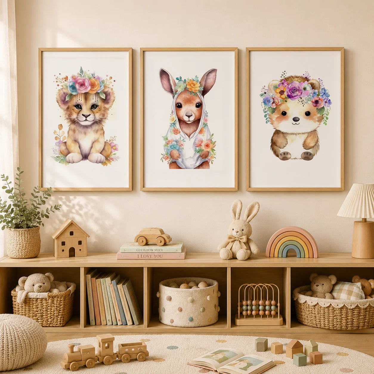 Nursery Animal Canvas Art – Lion Bear Fox Floral Crown Kids Decor Nursery Canvas Print Peaceful Pleasures Health and Wellness