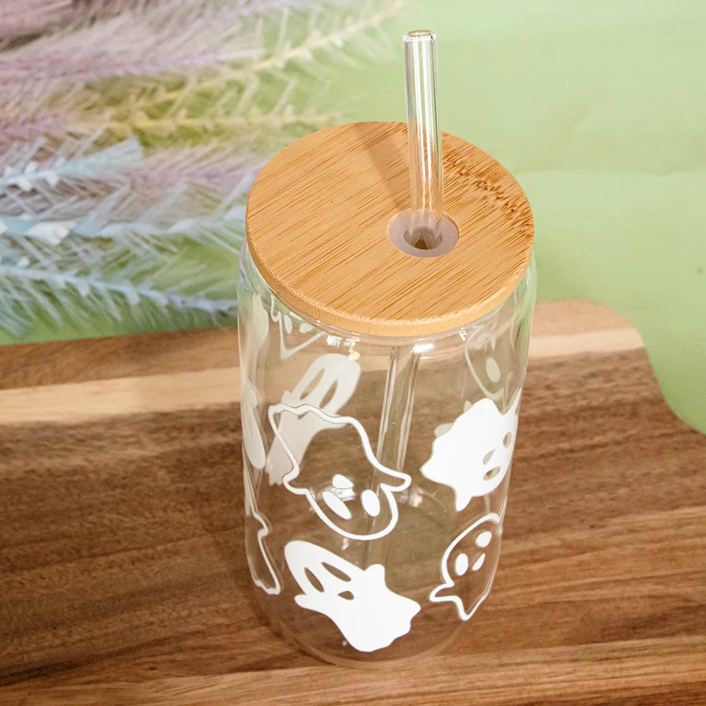 Mugs Halloween Ghost Decoration Spooky Ghost Glass Cup with Lid Straw Tumbler Iced Coffee Glassware Birthday Gift Kitchen Stuff Peaceful Pleasures Health and Wellness