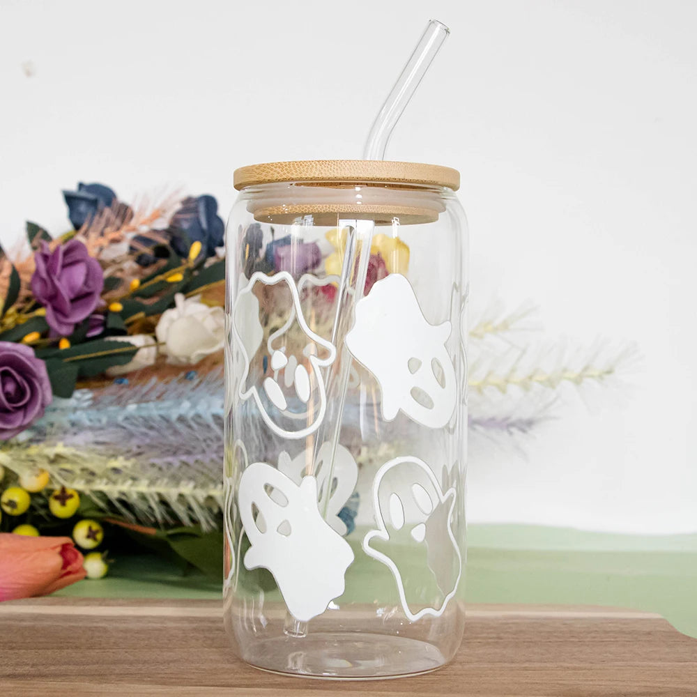 Mugs Halloween Ghost Decoration Spooky Ghost Glass Cup with Lid Straw Tumbler Iced Coffee Glassware Birthday Gift Kitchen Stuff Peaceful Pleasures Health and Wellness