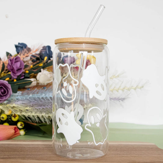 Mugs Halloween Ghost Decoration Spooky Ghost Glass Cup with Lid Straw Tumbler Iced Coffee Glassware Birthday Gift Kitchen Stuff Peaceful Pleasures Health and Wellness