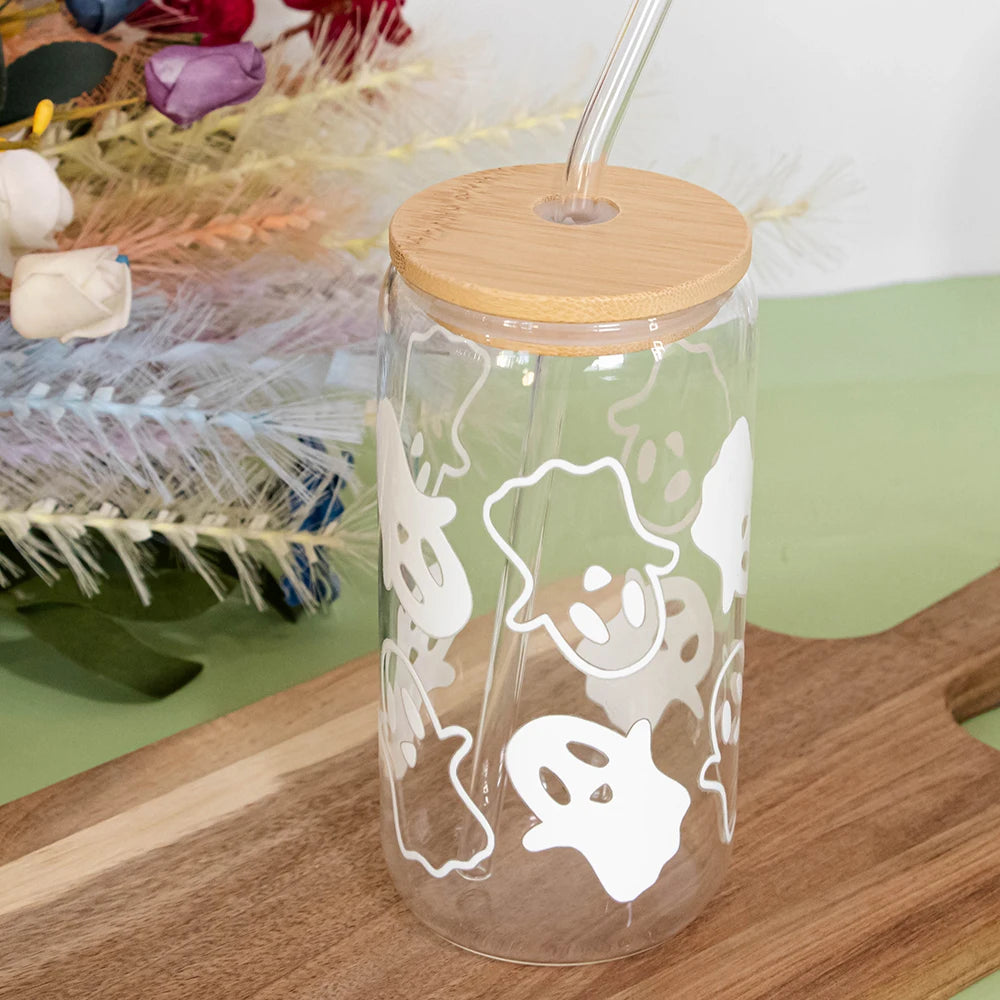 Mugs Halloween Ghost Decoration Spooky Ghost Glass Cup with Lid Straw Tumbler Iced Coffee Glassware Birthday Gift Kitchen Stuff Peaceful Pleasures Health and Wellness Glass Cup 1pcs7.5x14.3cm