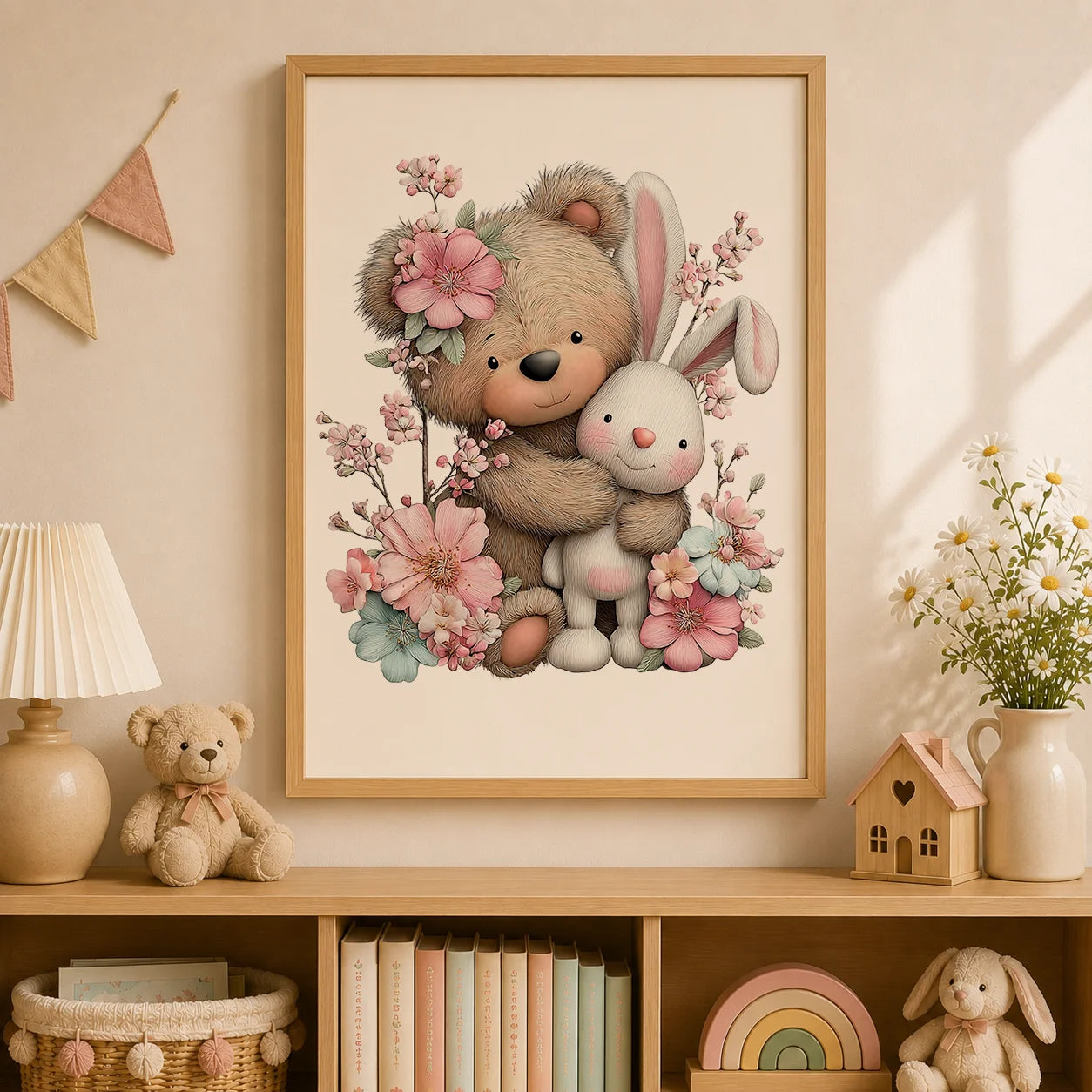 Teddy Bear Cherry Blossom Canvas Wall Art | Kids Nursery Decor Canvas Wall Art Print Peaceful Pleasures Health and Wellness