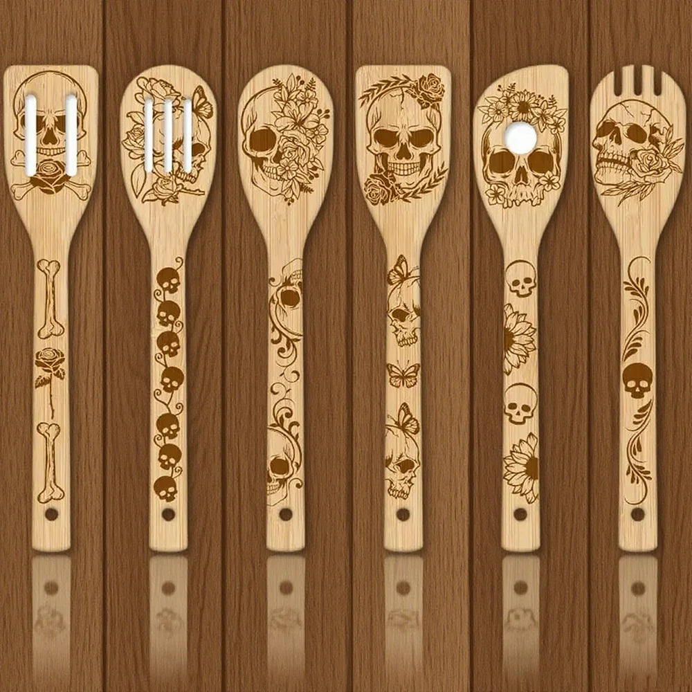 Skeleton Bamboo Cooking Utensils | Gothic Engraved 6-Piece Set Kitchen Utensil Set Peaceful Pleasures Health and Wellness
