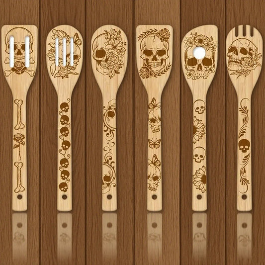 Skeleton Bamboo Cooking Utensils | Gothic Engraved 6-Piece Set Kitchen Utensil Set Peaceful Pleasures Health and Wellness