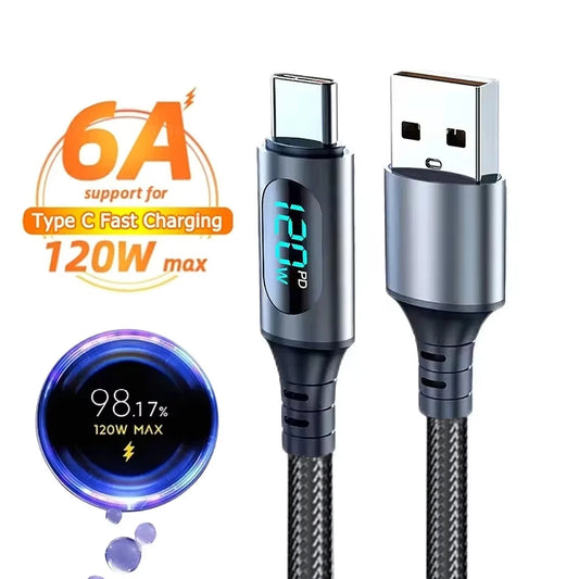 120W USB-A to USB-C Fast Charging Cable 6A | LED Display USB-C Charging Cable Peaceful Pleasures Health and Wellness