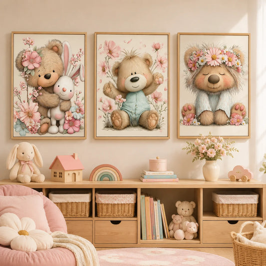 Teddy Bear Cherry Blossom Canvas Wall Art | Kids Nursery Decor Canvas Wall Art Print Peaceful Pleasures Health and Wellness