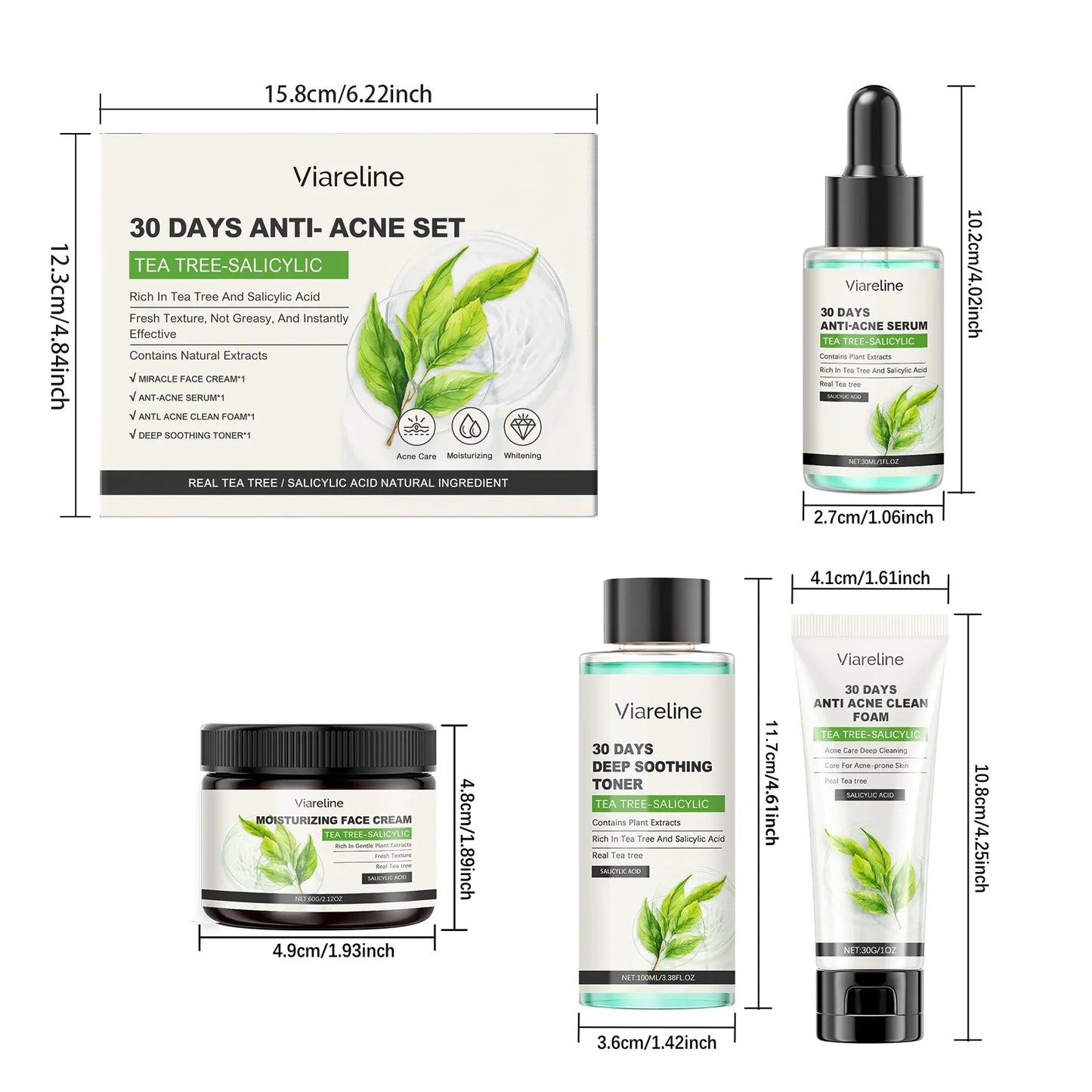 Viareline Salicylic Acid Acne Skin Care Set – 4-Piece Kit