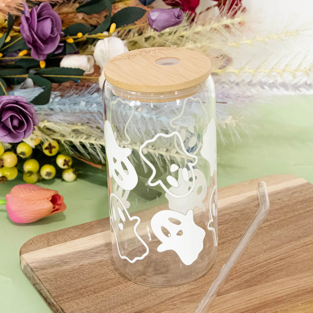 Mugs Halloween Ghost Decoration Spooky Ghost Glass Cup with Lid Straw Tumbler Iced Coffee Glassware Birthday Gift Kitchen Stuff Peaceful Pleasures Health and Wellness