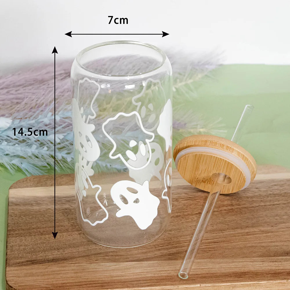 Mugs Halloween Ghost Decoration Spooky Ghost Glass Cup with Lid Straw Tumbler Iced Coffee Glassware Birthday Gift Kitchen Stuff Peaceful Pleasures Health and Wellness