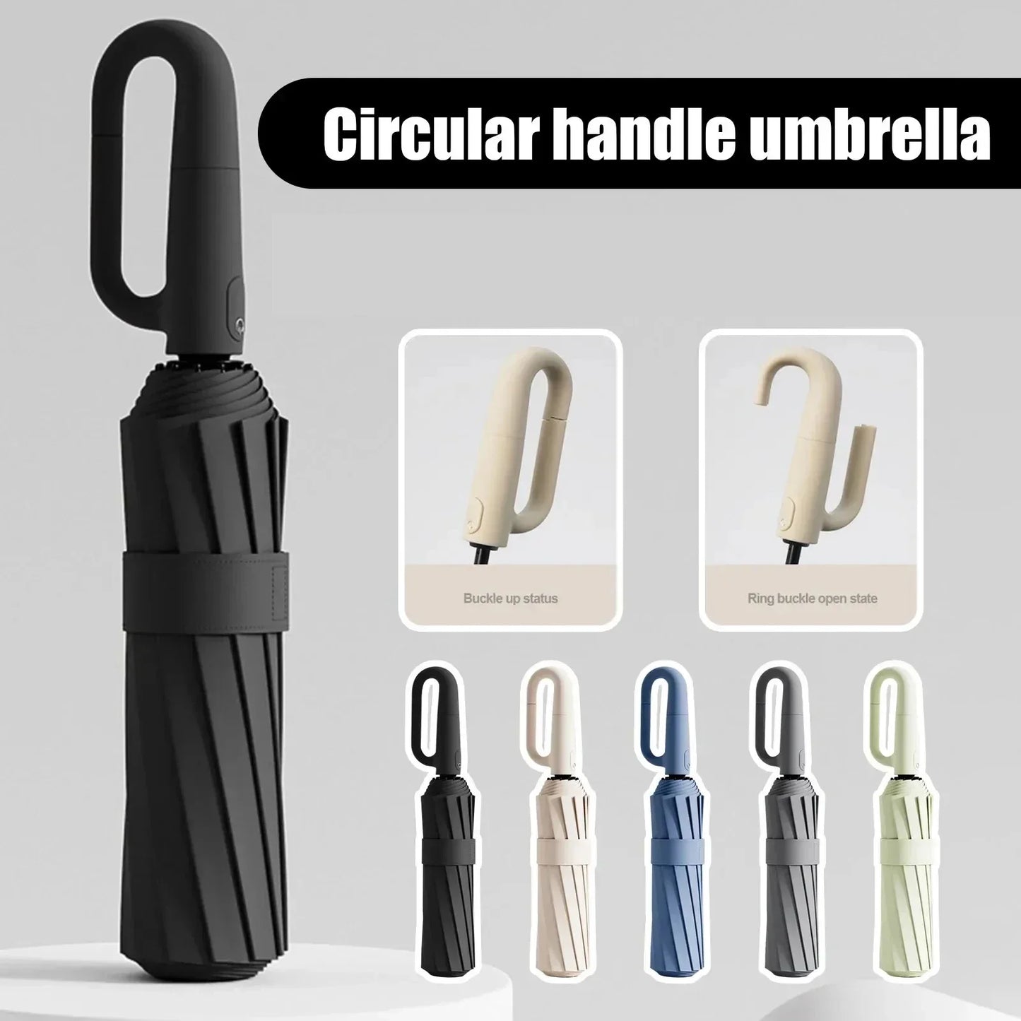 12-Rib Auto Windproof UV Umbrella with Carabiner Clip | UPF 50+