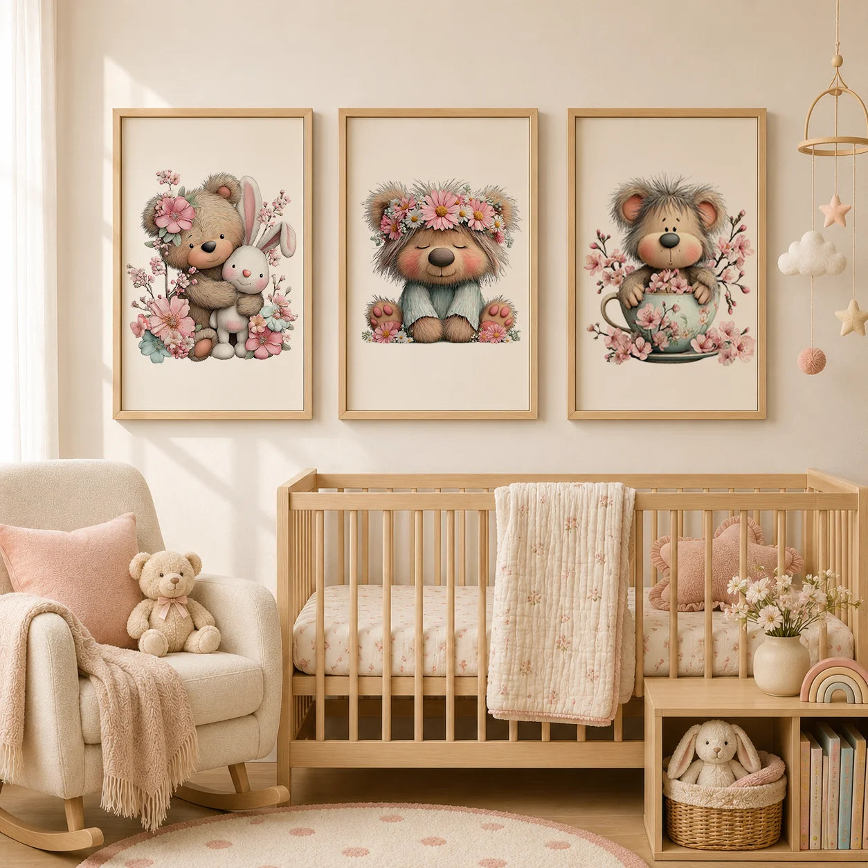 Teddy Bear Cherry Blossom Canvas Wall Art | Kids Nursery Decor Canvas Wall Art Print Peaceful Pleasures Health and Wellness