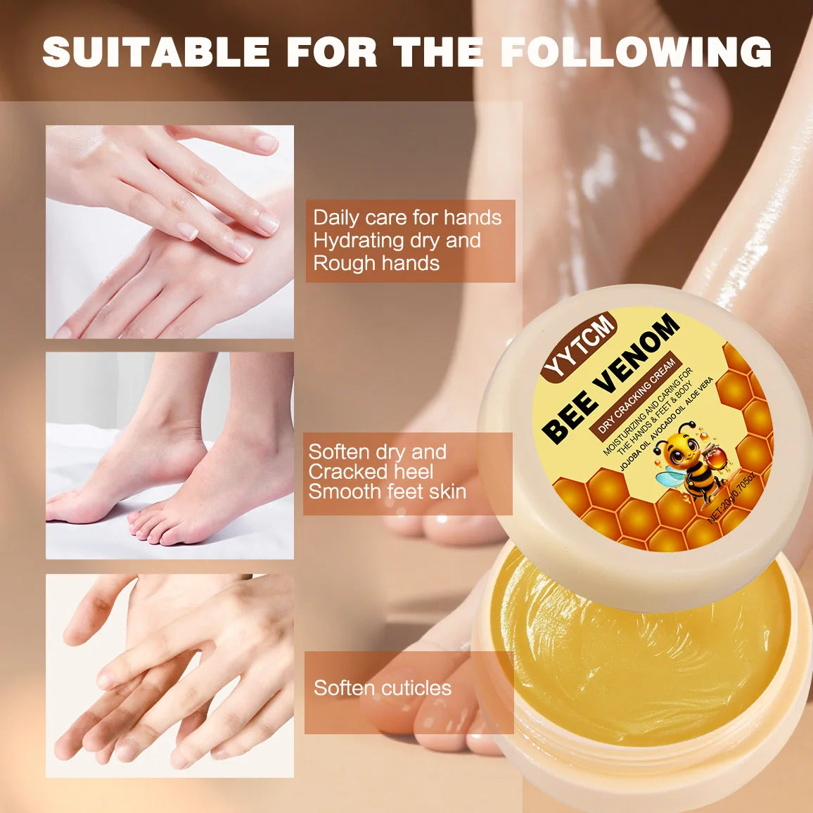Bee Venom Dry Crack Moisturizing Cream, Hydrating & Nourishing for Autumn Winter, Smooth & Soft Skin Care, Hydrating Foot Cream Peaceful Pleasures Health and Wellness