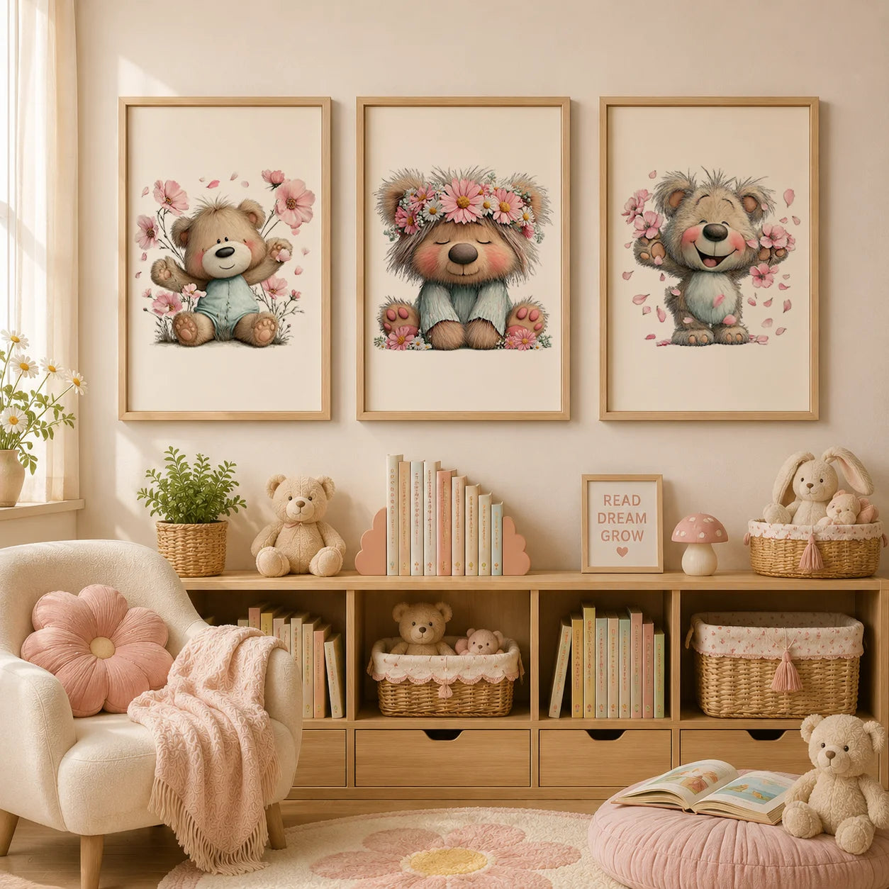 Teddy Bear Cherry Blossom Canvas Wall Art | Kids Nursery Decor Canvas Wall Art Print Peaceful Pleasures Health and Wellness