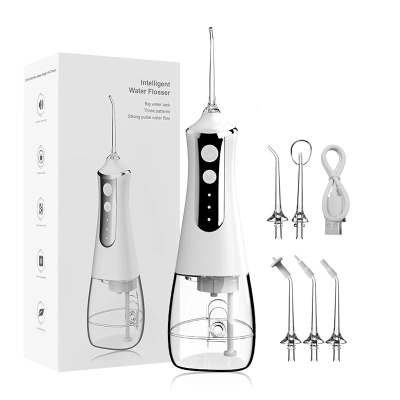 Electric water flosser home portable flosser usb rechargeable scaler large capacity teeth cleaner teeth beauty with 5 nozzles Peaceful Pleasures Health and Wellness White
