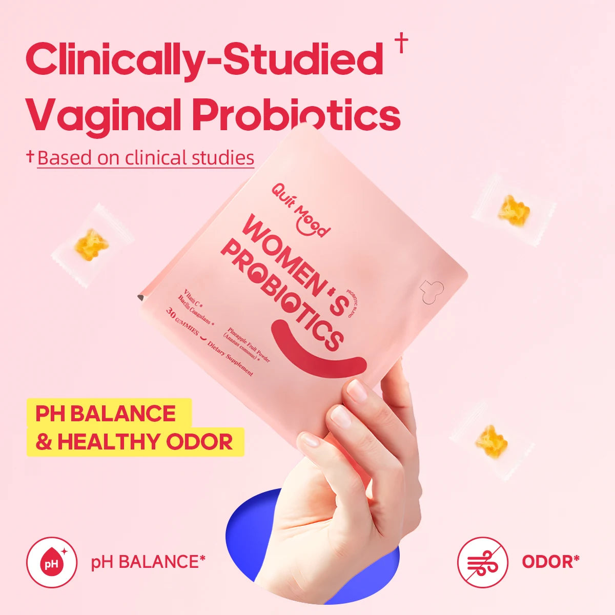 Quitmood Women's Probiotics Feminine ph Balance Gummies -Hawaiian Pineapple - individual package vitamin C Peaceful Pleasures Health and Wellness