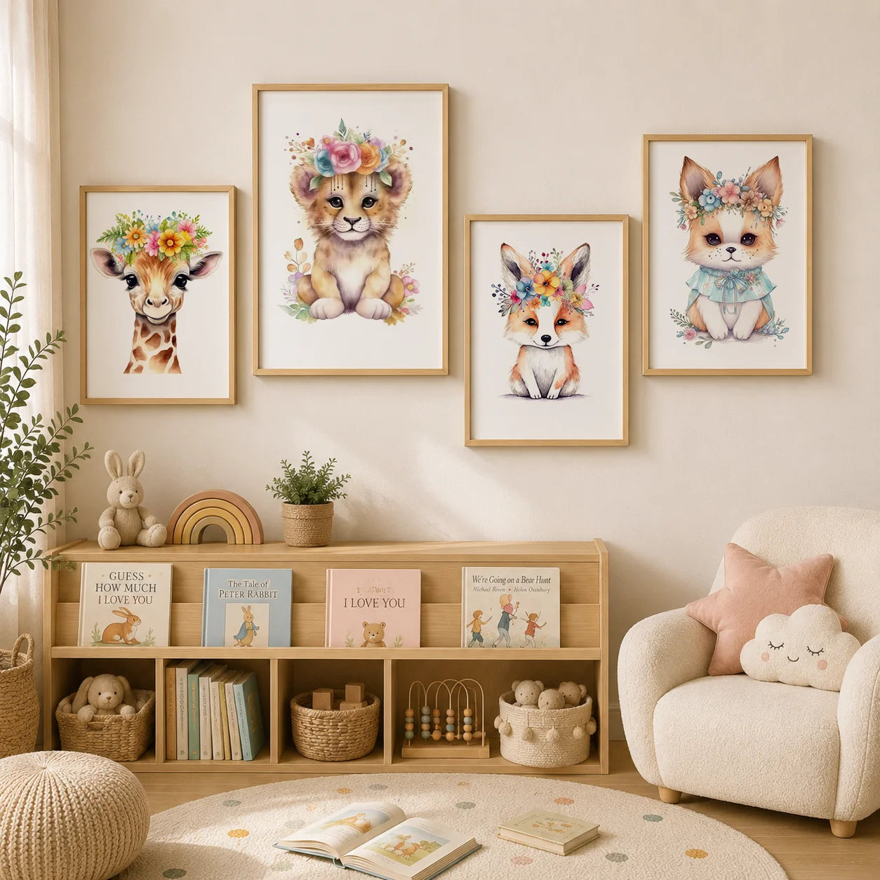 Nursery Animal Canvas Art – Lion Bear Fox Floral Crown Kids Decor Nursery Canvas Print Peaceful Pleasures Health and Wellness