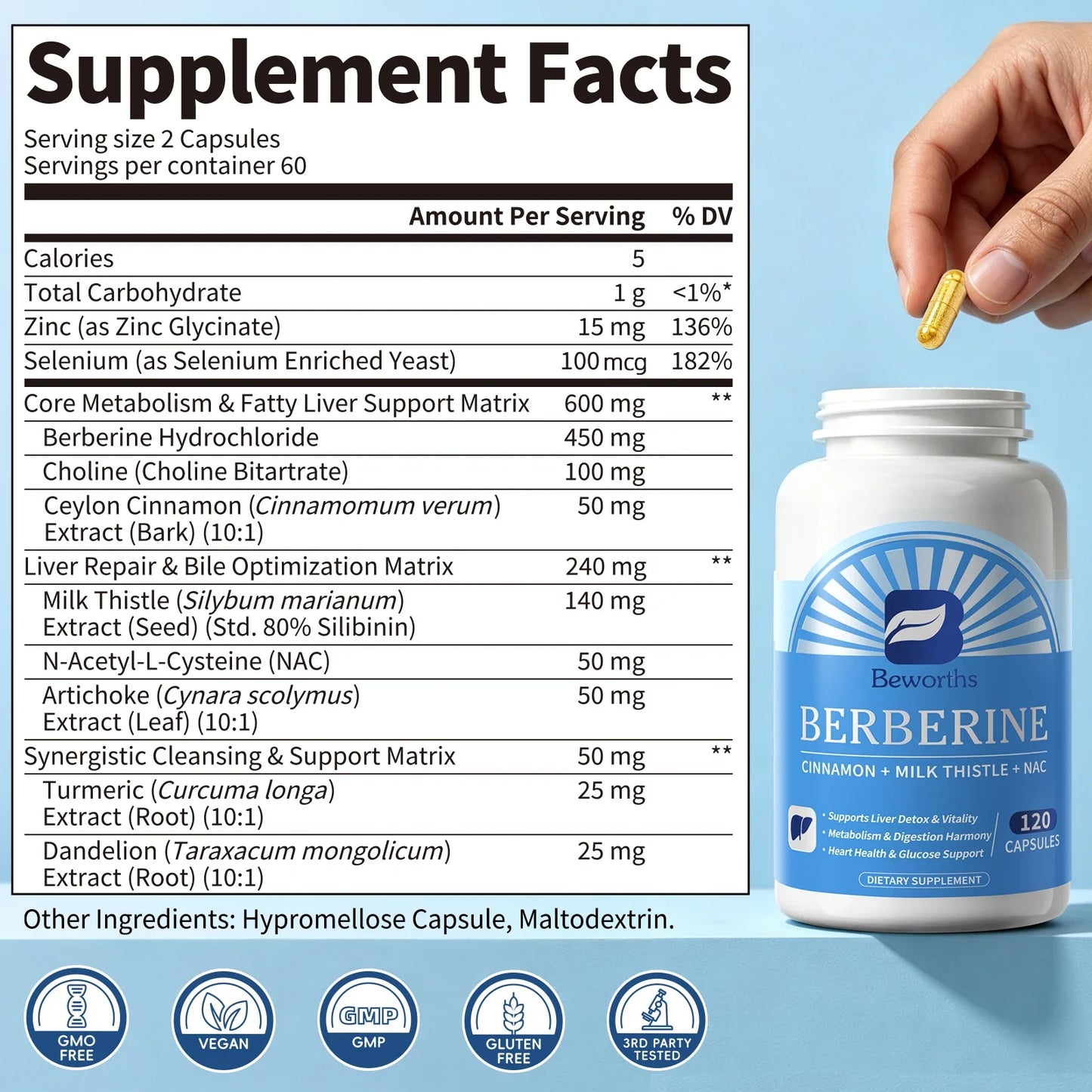 Beworths Berberine Liver Detox & Repair – Non-GMO Vegan 120ct