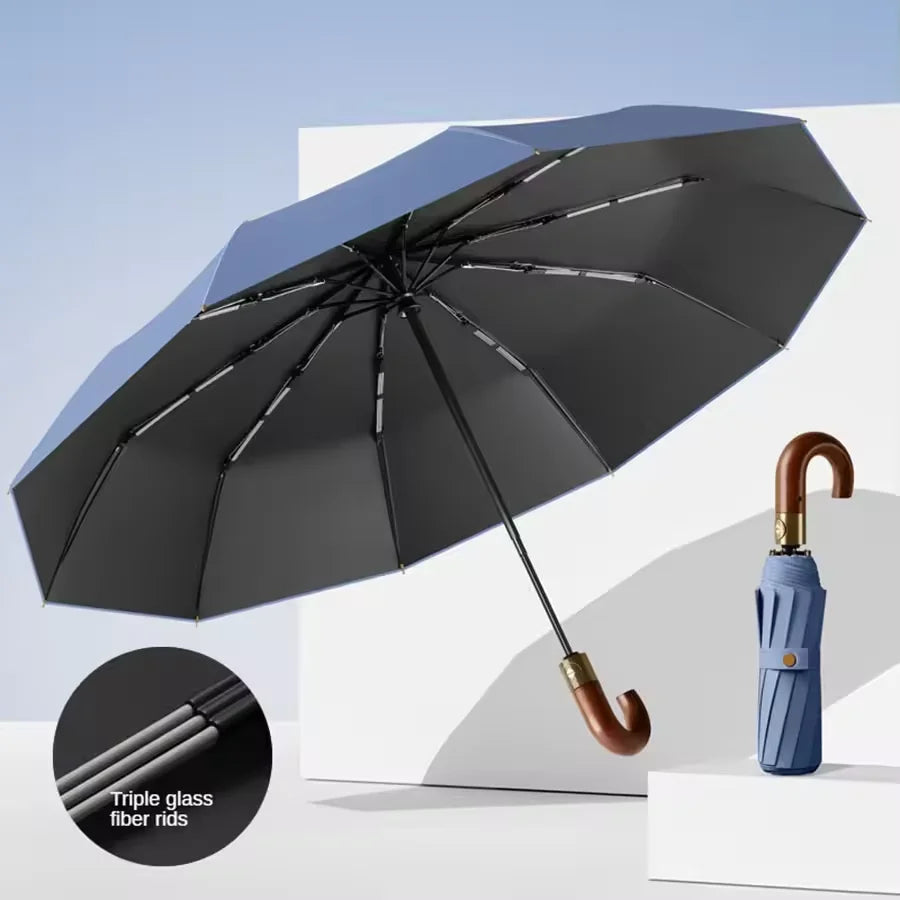 Windproof Auto Folding Umbrella – UV Protection & Wooden Handle
