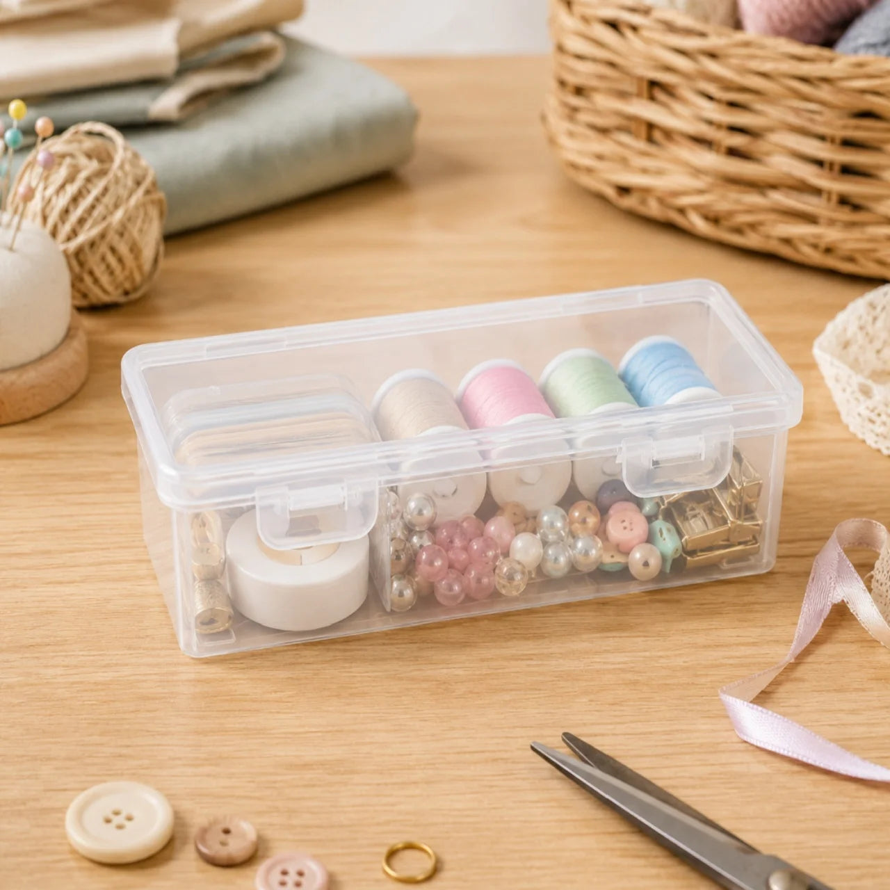 TM Clear Plastic Storage Box with Lid and Snap Locks Compact Rectangular Organizer for Vanity Desk Bathroom Cotton Swabs Hair Accessories Makeup Small Office Supplies Travel Durable Multi-Purpose Organizer Peaceful Pleasures Health and Wellness